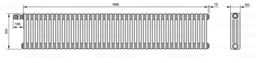 Схема (чертеж) Радиатор Zehnder Charleston 3050/41 №V012 Белый глянцевый RAL 9016